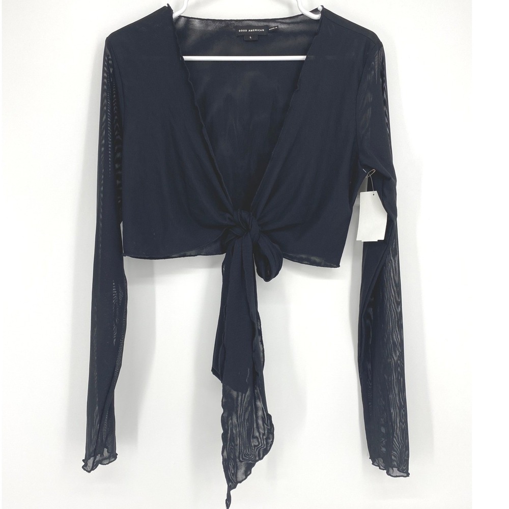 Good American Womens Black Sheer Tie Front Long Sleeve Cover Up Top Size L
